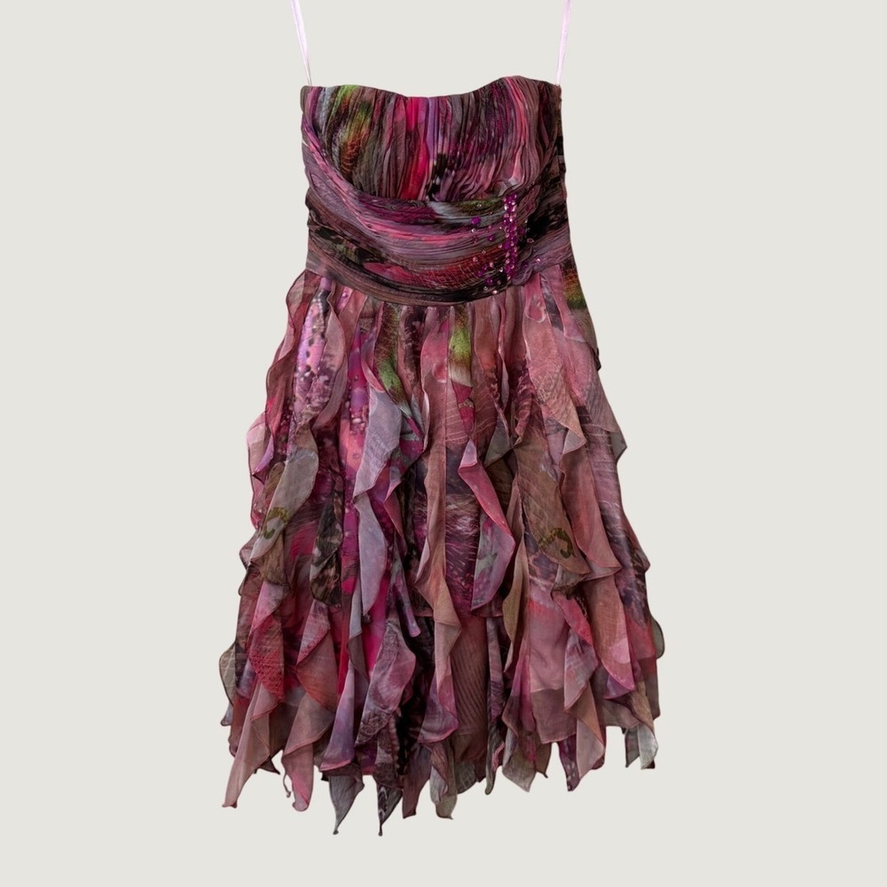 Cache Strapless Ruffle Mini Dress Pink Purple Floral Y2K Fantasy Fairycore Sz 4 - Picture 2 of 13